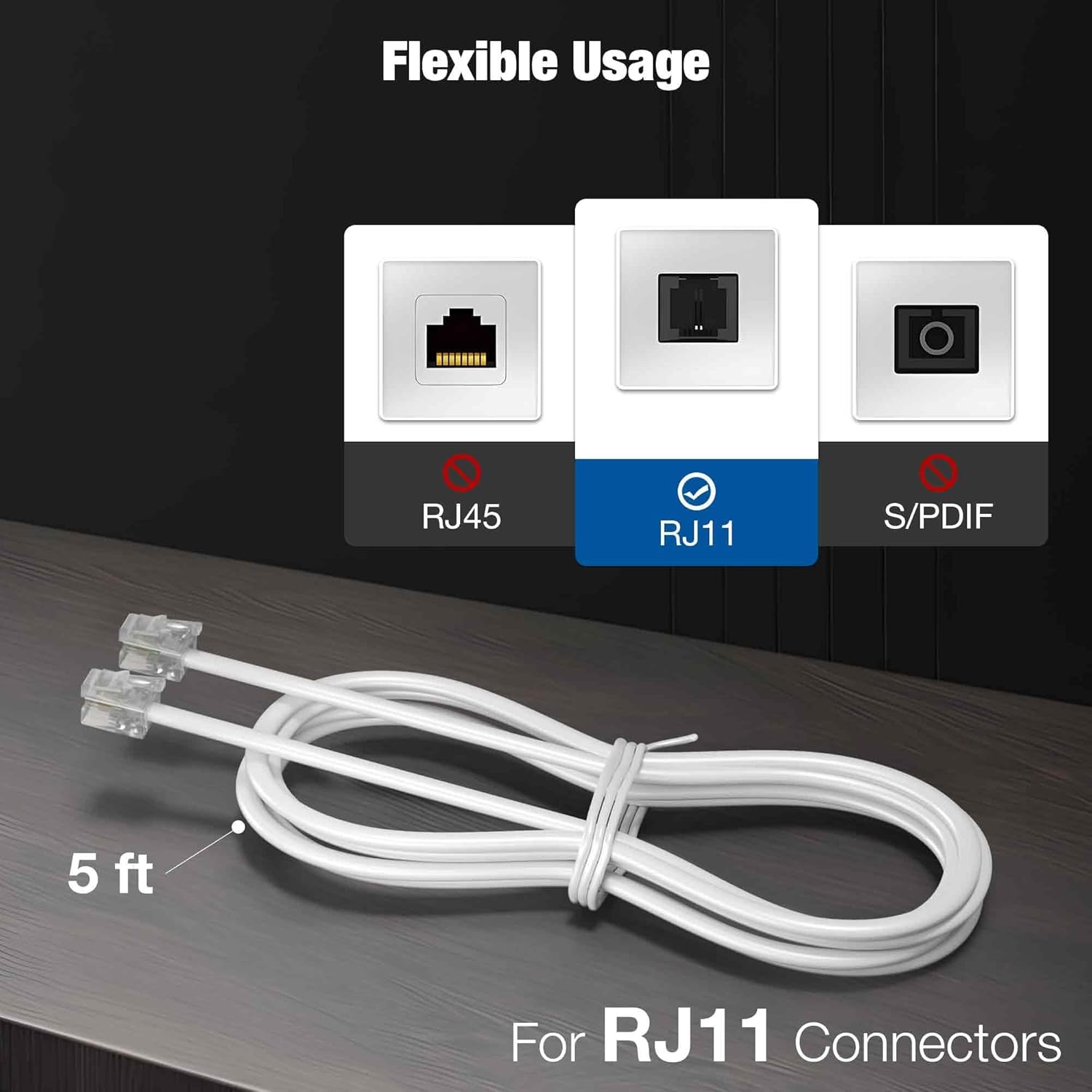 image:imageTelephone Line Cord RJ11 Connector for Landline Phones Modems Fax Machines Answering Machine Connector Between Telephone Device and Wall JackPort RJ11 Port Durable amp Strong Pack of 3 WhiteWhite