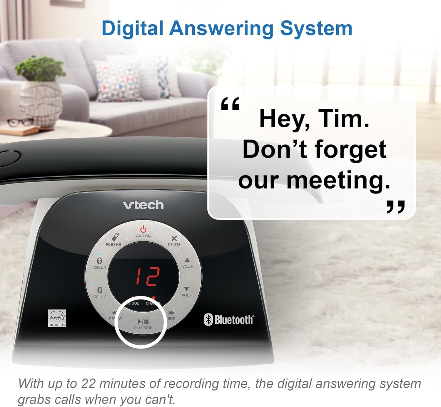 image:imageVTECH VS12216 RetroDesign Cordless Phone Bluetooth Connect to Cell Call Blocker Answering System FullDuplex SpeakerphoneBlack