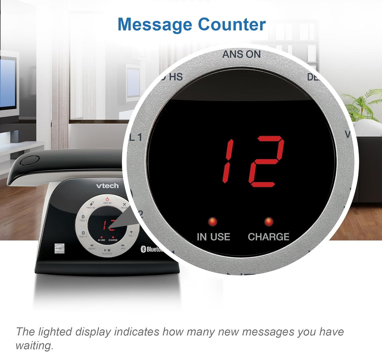 image:imageVTECH VS12216 RetroDesign Cordless Phone Bluetooth Connect to Cell Call Blocker Answering System FullDuplex SpeakerphoneBlack