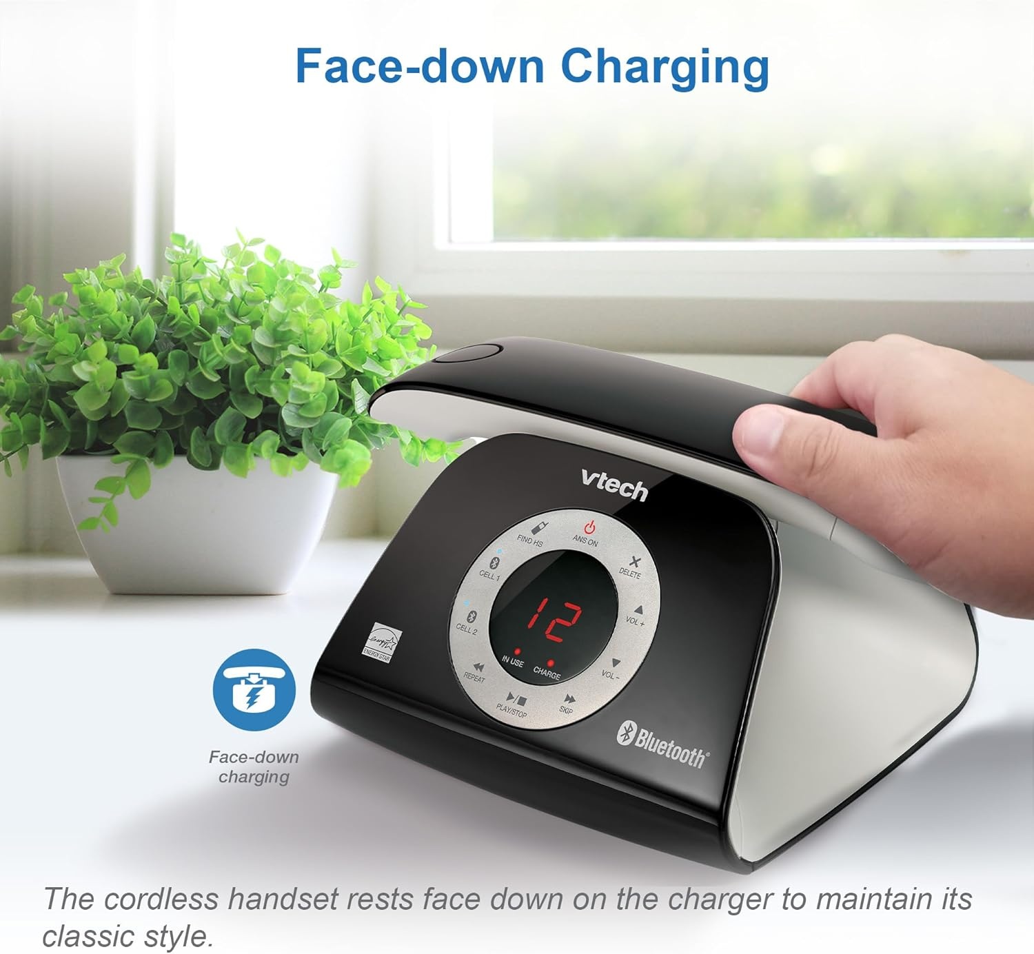 image:imageVTECH VS12216 RetroDesign Cordless Phone Bluetooth Connect to Cell Call Blocker Answering System FullDuplex SpeakerphoneBlack