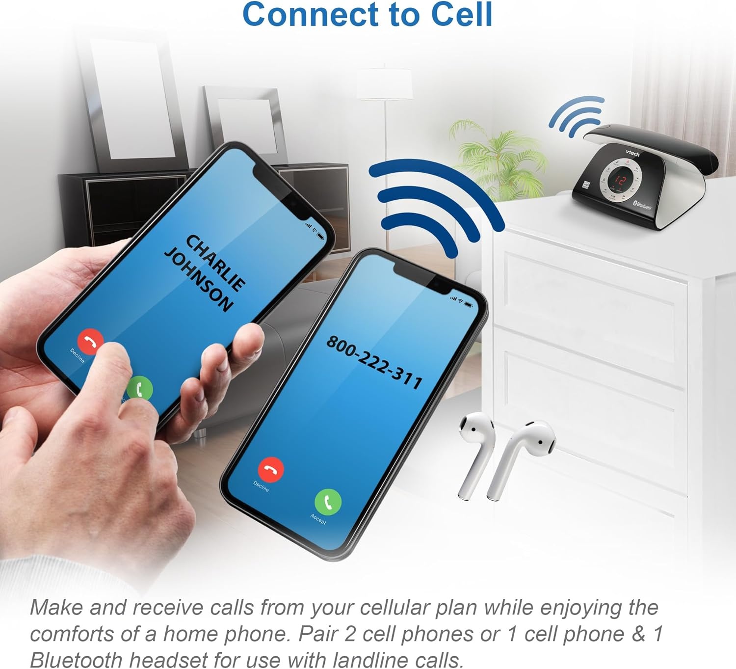 image:imageVTECH VS12216 RetroDesign Cordless Phone Bluetooth Connect to Cell Call Blocker Answering System FullDuplex SpeakerphoneBlack