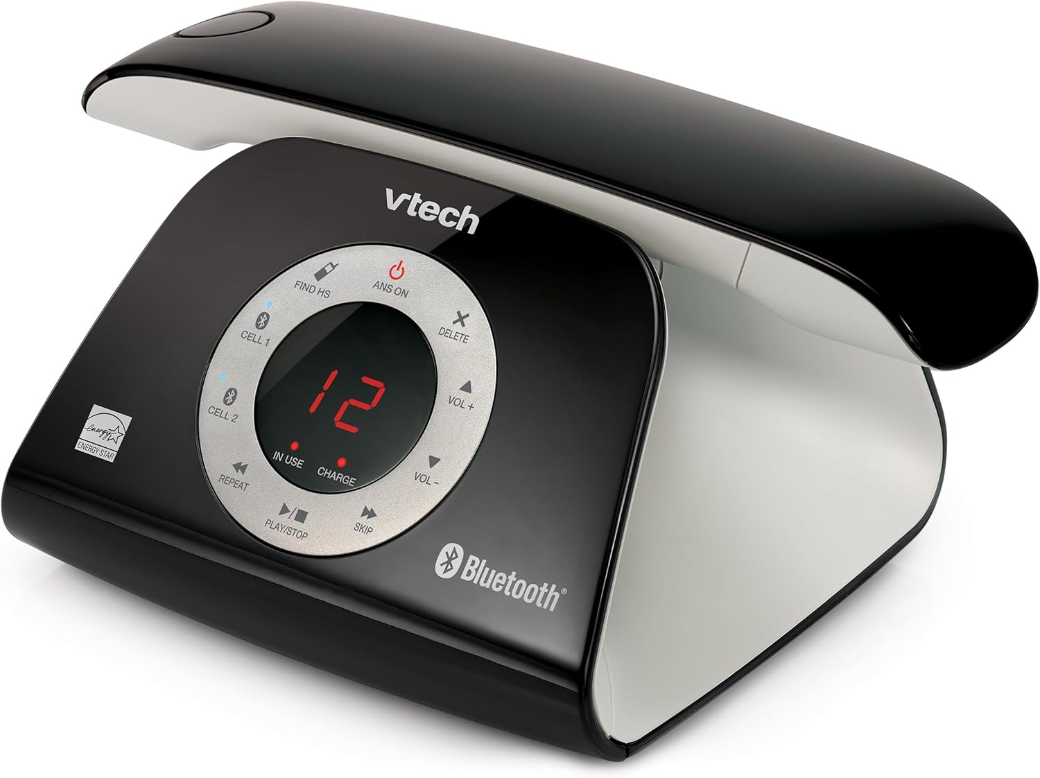 image:imageVTECH VS12216 RetroDesign Cordless Phone Bluetooth Connect to Cell Call Blocker Answering System FullDuplex SpeakerphoneBlack