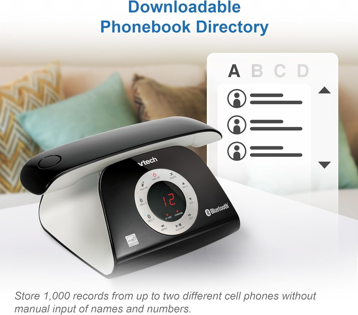 image:imageVTECH VS12216 RetroDesign Cordless Phone Bluetooth Connect to Cell Call Blocker Answering System FullDuplex SpeakerphoneBlack