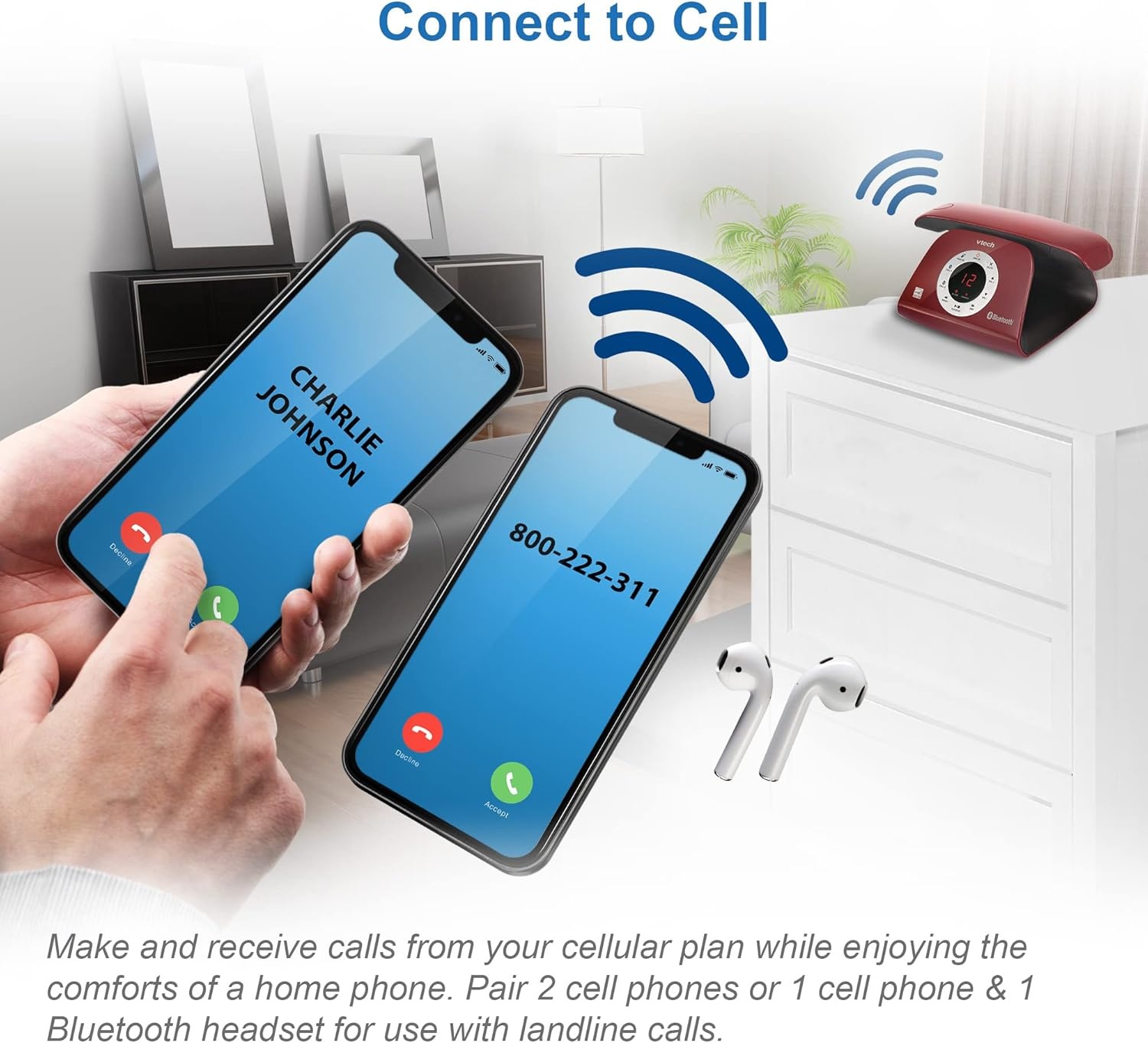 image:imageVTECH VS12216 RetroDesign Cordless Phone Bluetooth Connect to Cell Call Blocker Answering System FullDuplex SpeakerphoneRed