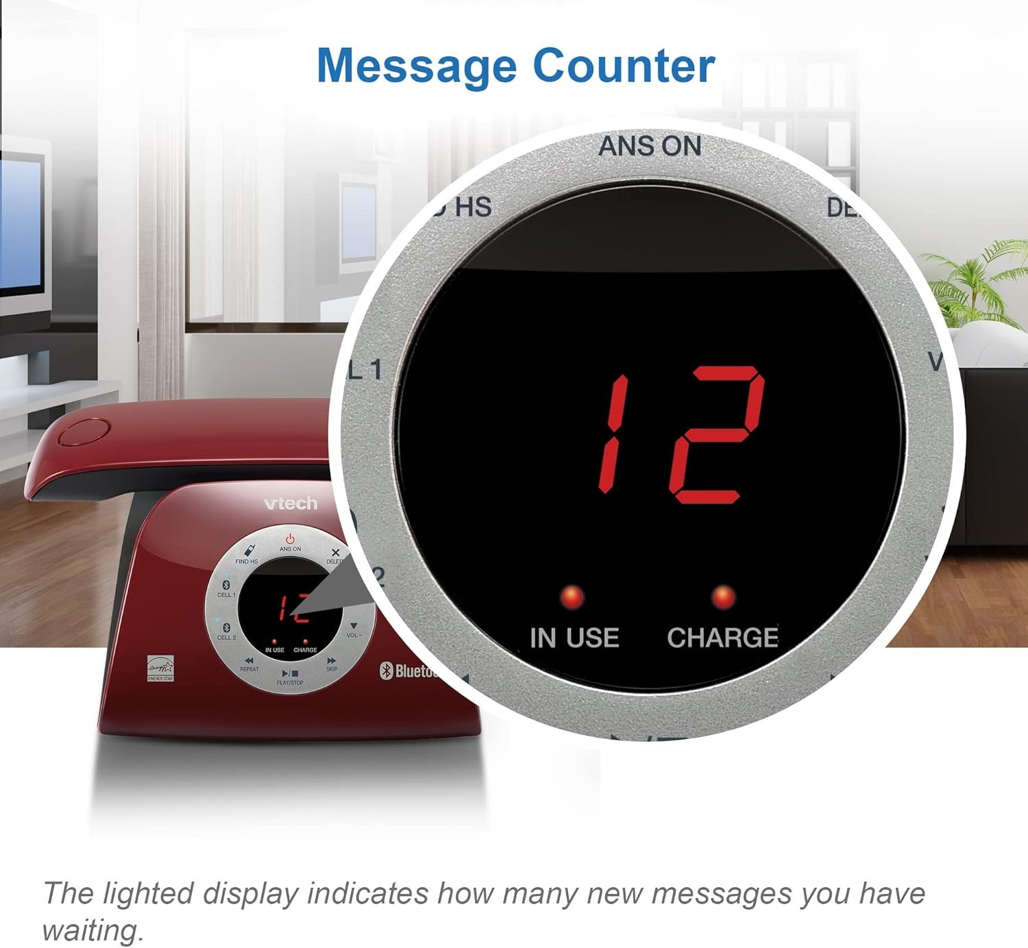 image:imageVTECH VS12216 RetroDesign Cordless Phone Bluetooth Connect to Cell Call Blocker Answering System FullDuplex SpeakerphoneRed