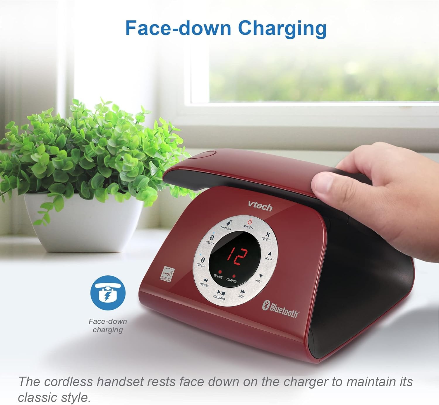 image:imageVTECH VS12216 RetroDesign Cordless Phone Bluetooth Connect to Cell Call Blocker Answering System FullDuplex SpeakerphoneRed