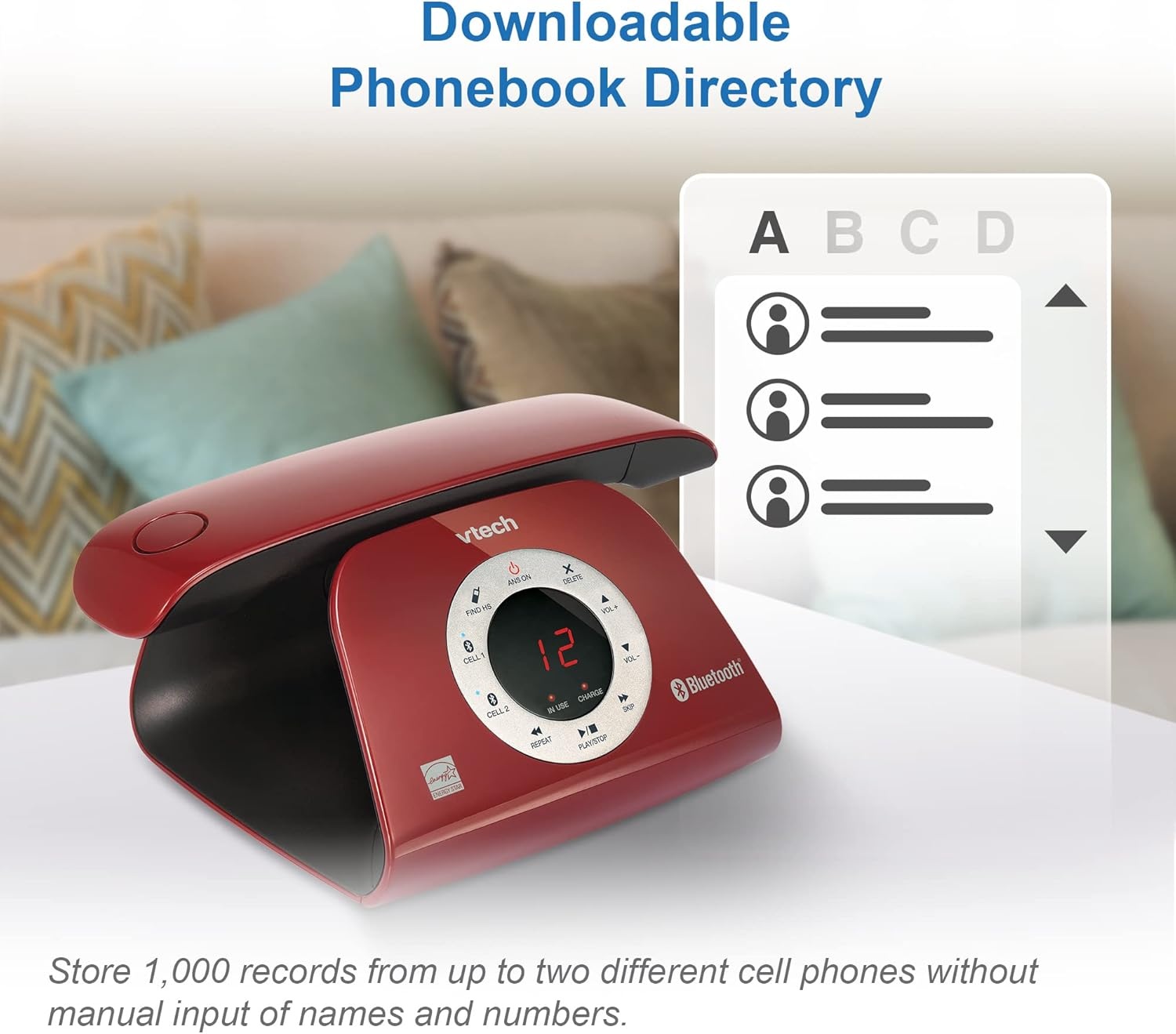 image:imageVTECH VS12216 RetroDesign Cordless Phone Bluetooth Connect to Cell Call Blocker Answering System FullDuplex SpeakerphoneRed