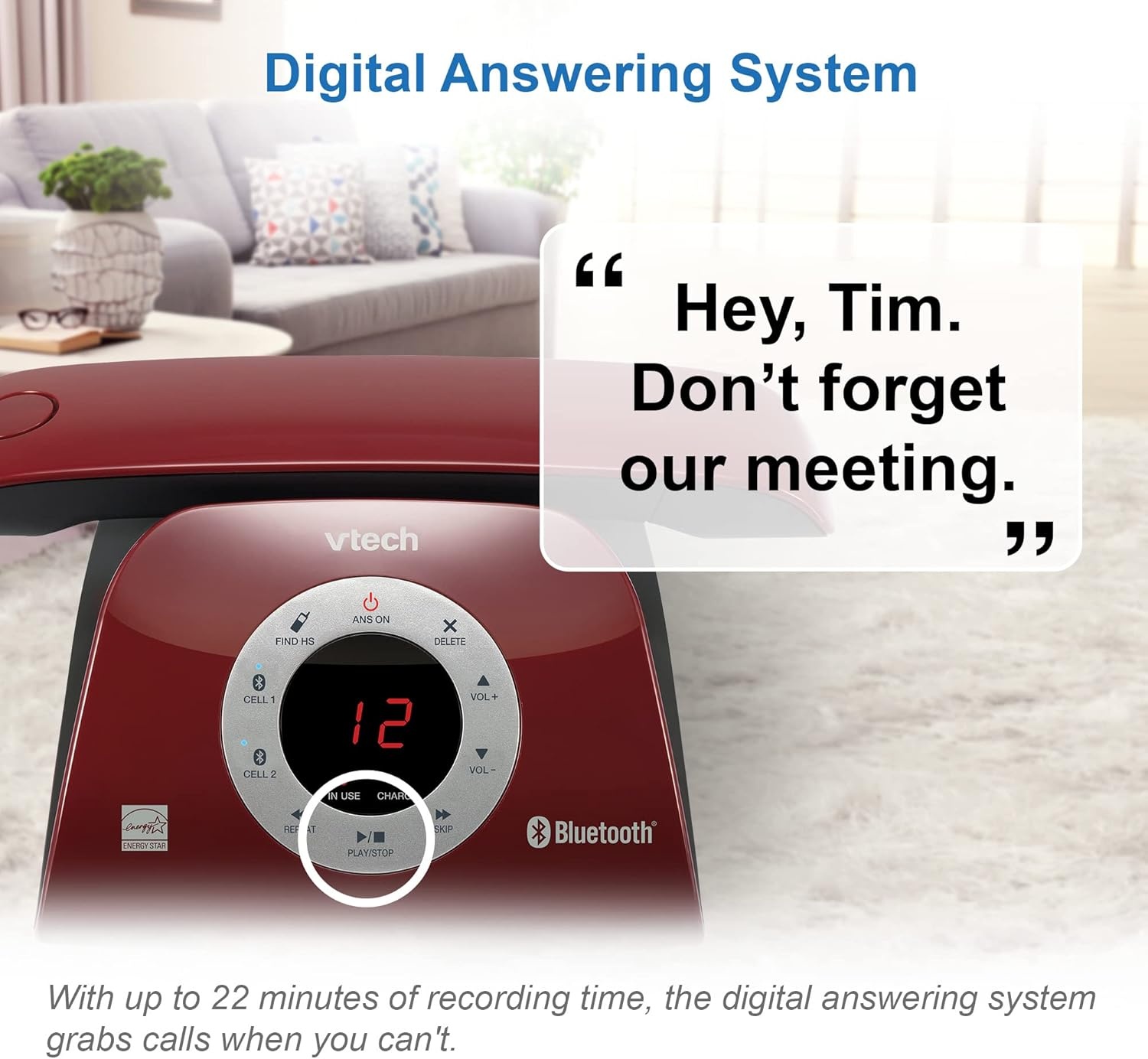 image:imageVTECH VS12216 RetroDesign Cordless Phone Bluetooth Connect to Cell Call Blocker Answering System FullDuplex SpeakerphoneRed