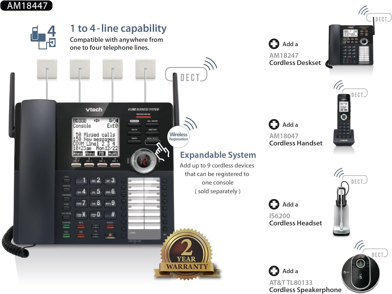 image:imageVTech AM18447 Main Console 4Line Small Business Phone System Expandable to 10 Stations Digital Answering Machine Auto Attendant Intercom amp Custom Music on Hold BlackAccessory Cordless Handset Black Pack of 4