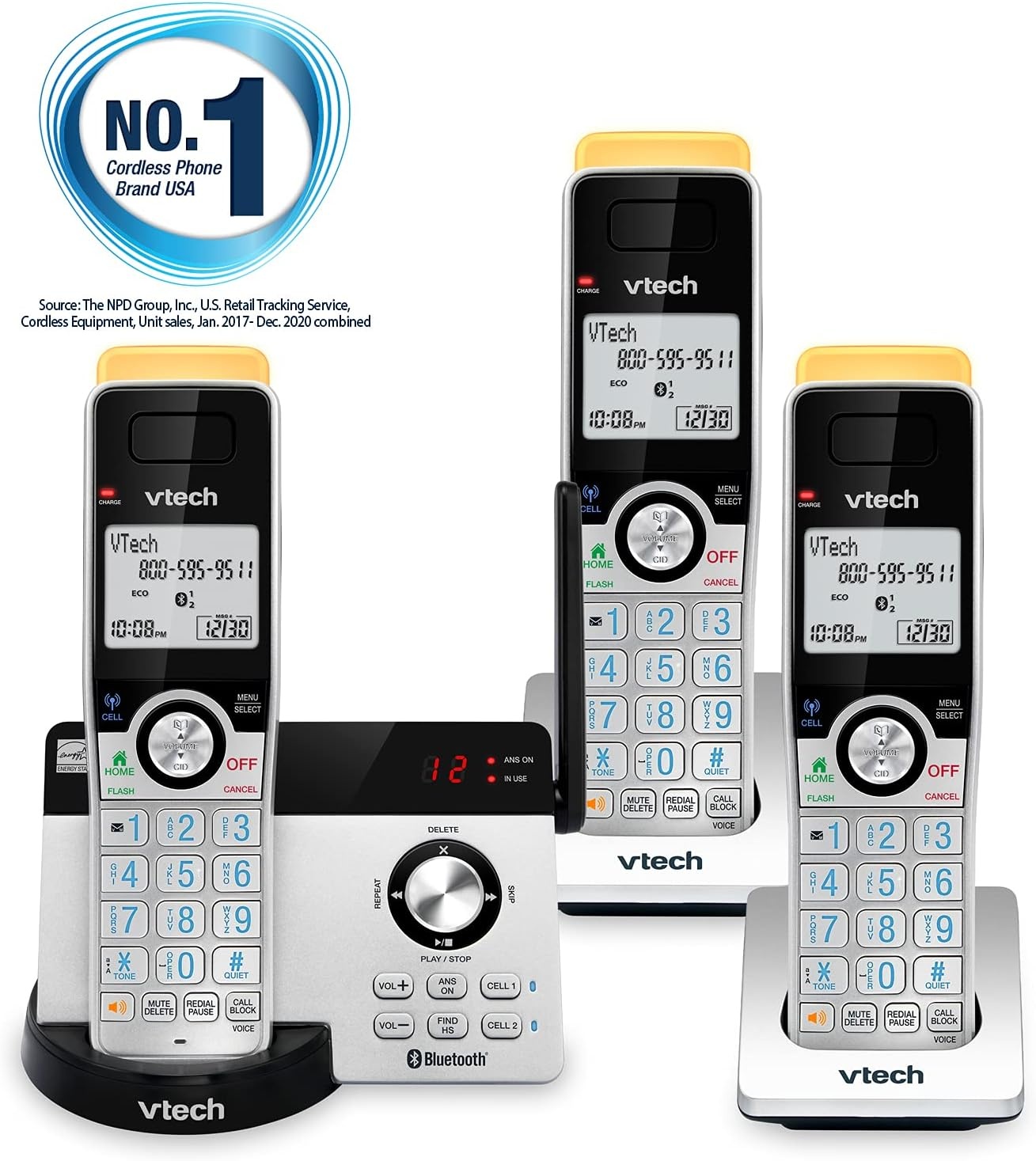 image:imageVTech IS812821 Super Long Range 2Handset DECT 60 Cordless Phone for Home with Answering Machine 2300 ft Range Call Blocking Bluetooth Connect to Cell IntercomSilverBlack