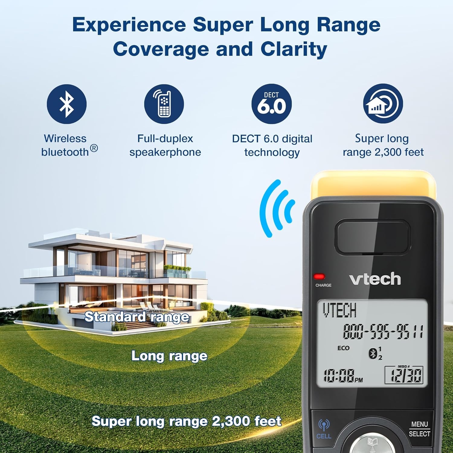 image:imageVTech IS812821 Super Long Range 2Handset DECT 60 Cordless Phone for Home with Answering Machine 2300 ft Range Call Blocking Bluetooth Connect to Cell IntercomGraphite