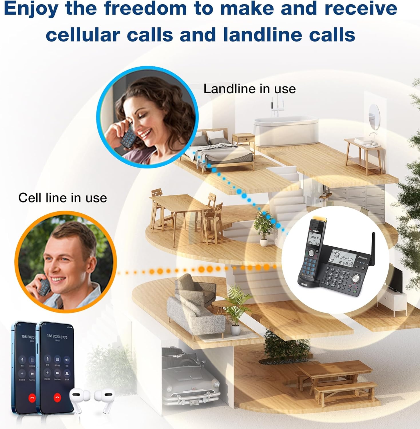 image:imageVTech IS812821 Super Long Range 2Handset DECT 60 Cordless Phone for Home with Answering Machine 2300 ft Range Call Blocking Bluetooth Connect to Cell IntercomGraphite