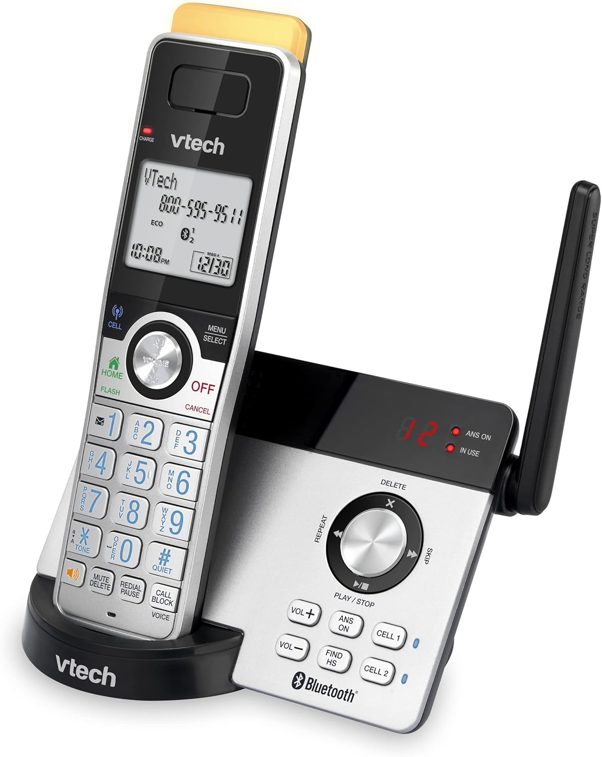 image:imageVTech IS812821 Super Long Range 2Handset DECT 60 Cordless Phone for Home with Answering Machine 2300 ft Range Call Blocking Bluetooth Connect to Cell IntercomSilverBlack