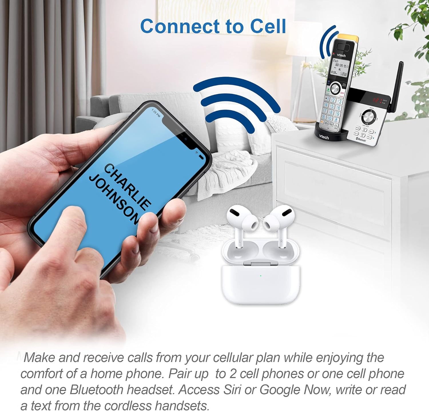 image:imageVTech IS812821 Super Long Range 2Handset DECT 60 Cordless Phone for Home with Answering Machine 2300 ft Range Call Blocking Bluetooth Connect to Cell IntercomSilverBlack