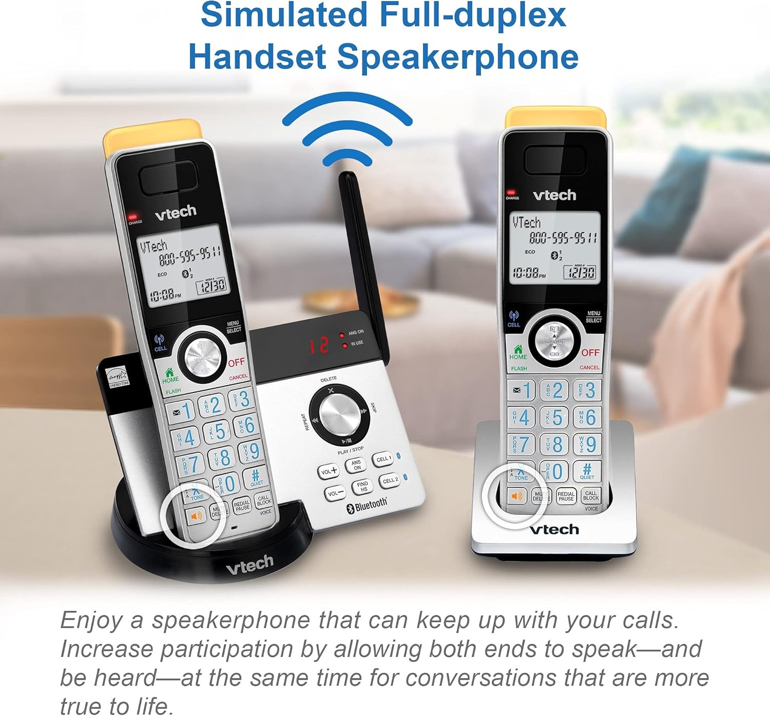 image:imageVTech IS812821 Super Long Range 2Handset DECT 60 Cordless Phone for Home with Answering Machine 2300 ft Range Call Blocking Bluetooth Connect to Cell IntercomSilverBlack