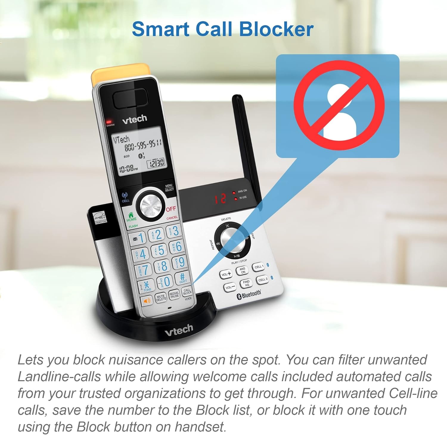 image:imageVTech IS812821 Super Long Range 2Handset DECT 60 Cordless Phone for Home with Answering Machine 2300 ft Range Call Blocking Bluetooth Connect to Cell IntercomSilverBlack