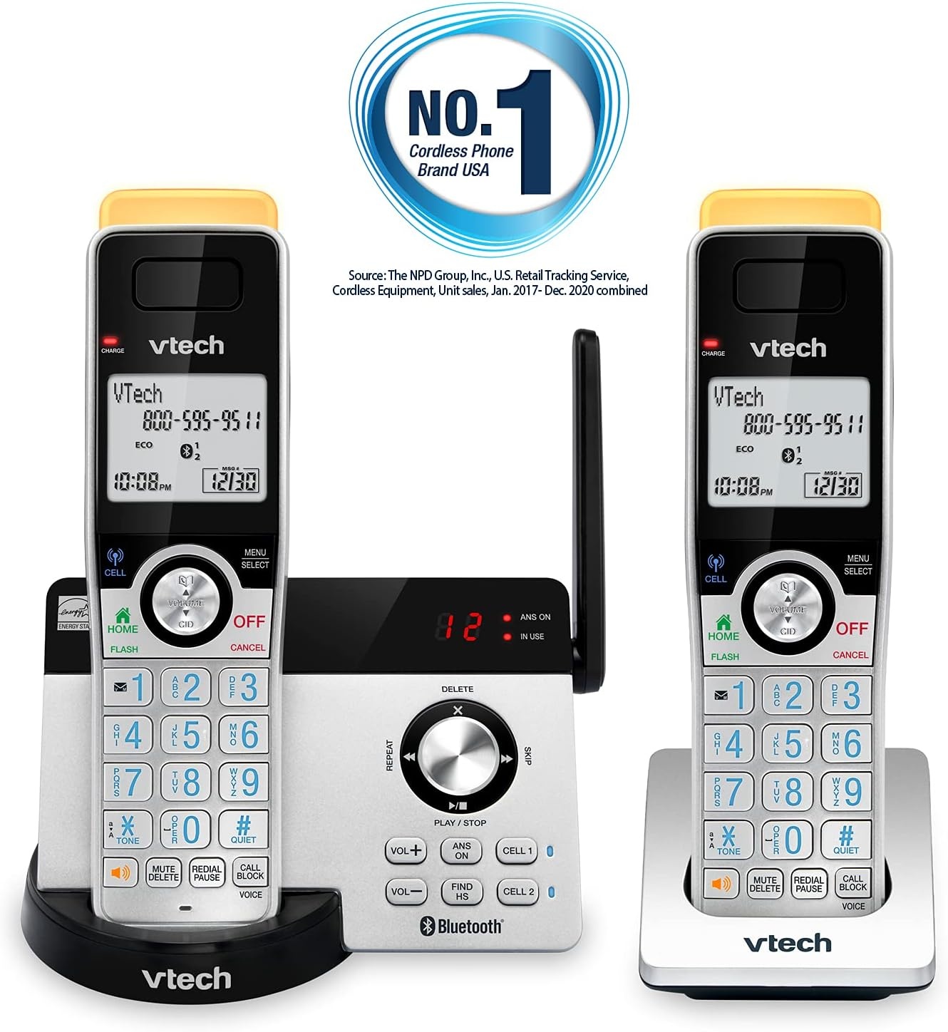 image:imageVTech IS812821 Super Long Range 2Handset DECT 60 Cordless Phone for Home with Answering Machine 2300 ft Range Call Blocking Bluetooth Connect to Cell IntercomSilverBlack