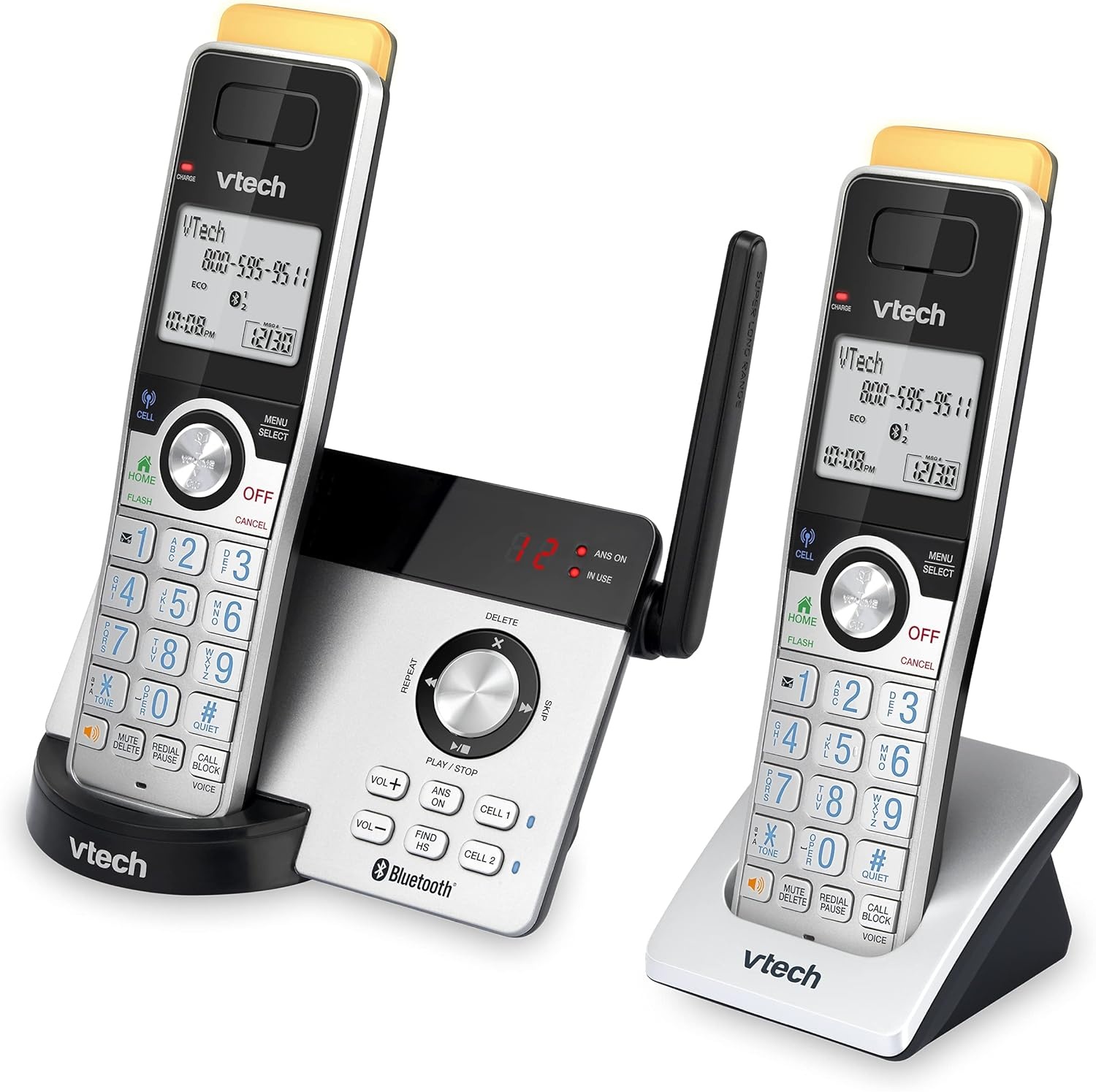 image:imageVTech IS812821 Super Long Range 2Handset DECT 60 Cordless Phone for Home with Answering Machine 2300 ft Range Call Blocking Bluetooth Connect to Cell IntercomSilverBlack