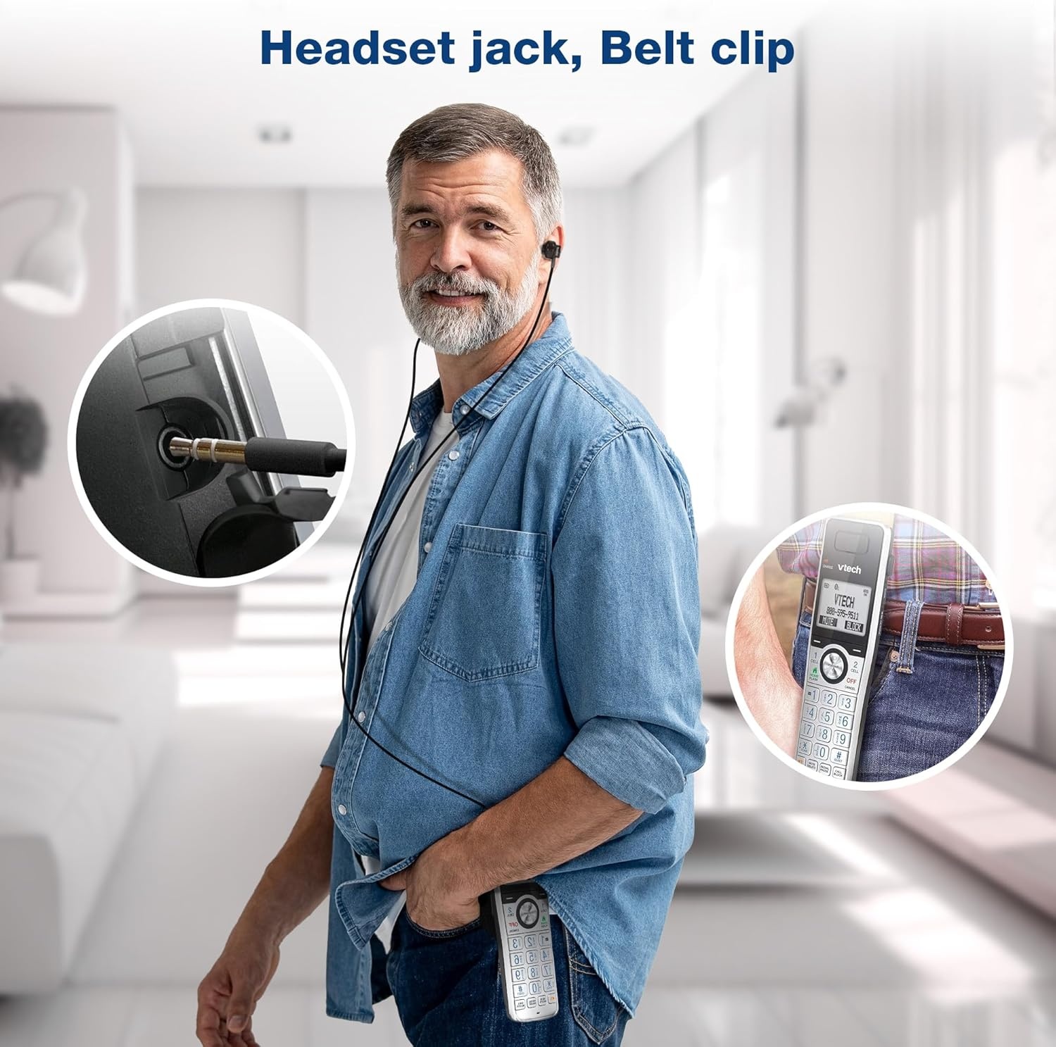 image:imageVTech IS81515 Super Long Range 5 Handset DECT 60 Cordless Phone for Home with Answering Machine 2300 ft Range Call Blocking Bluetooth Headset Jack Power Backup Intercom Expandable to 12 HS1 Handset