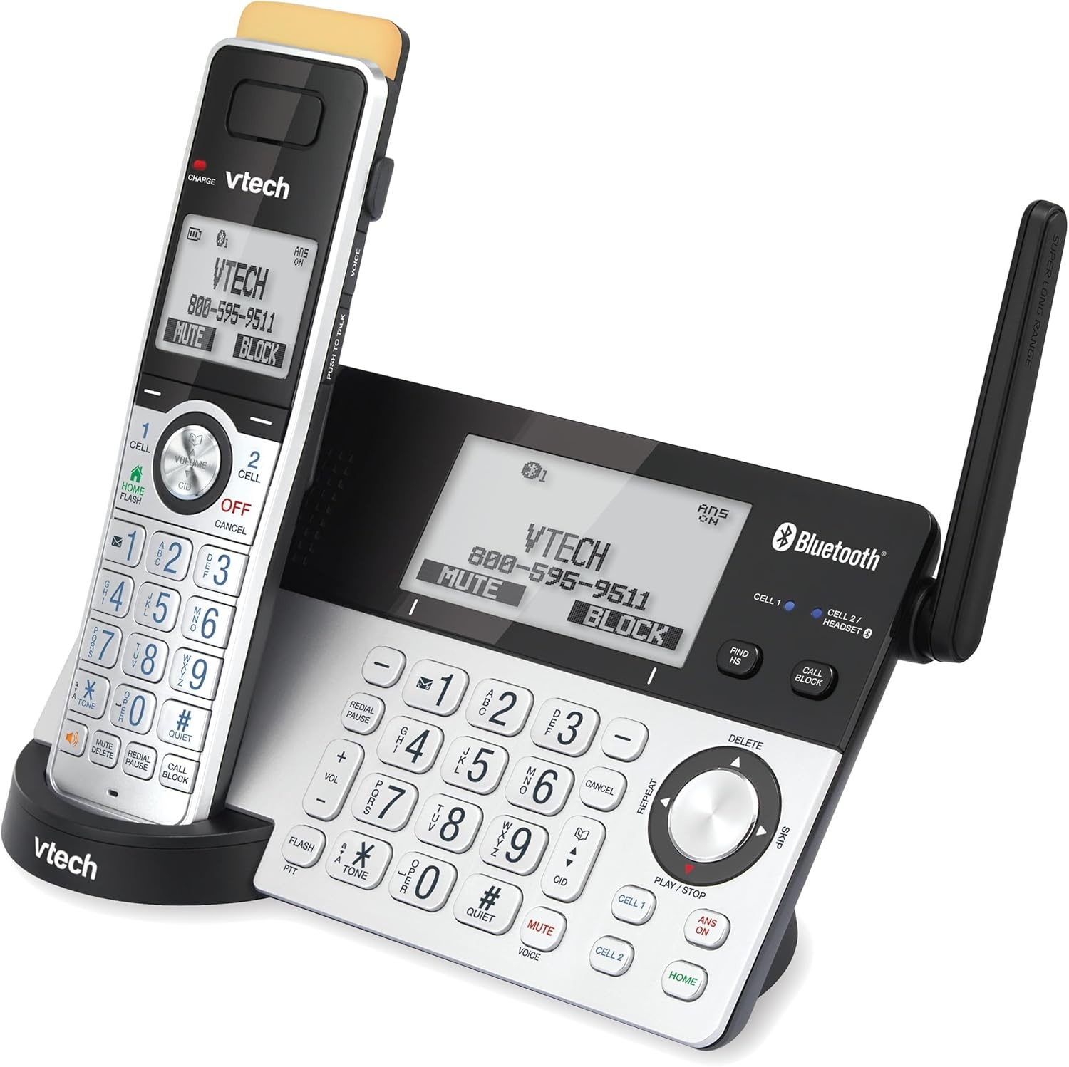 image:imageVTech IS81515 Super Long Range 5 Handset DECT 60 Cordless Phone for Home with Answering Machine 2300 ft Range Call Blocking Bluetooth Headset Jack Power Backup Intercom Expandable to 12 HS1 Handset