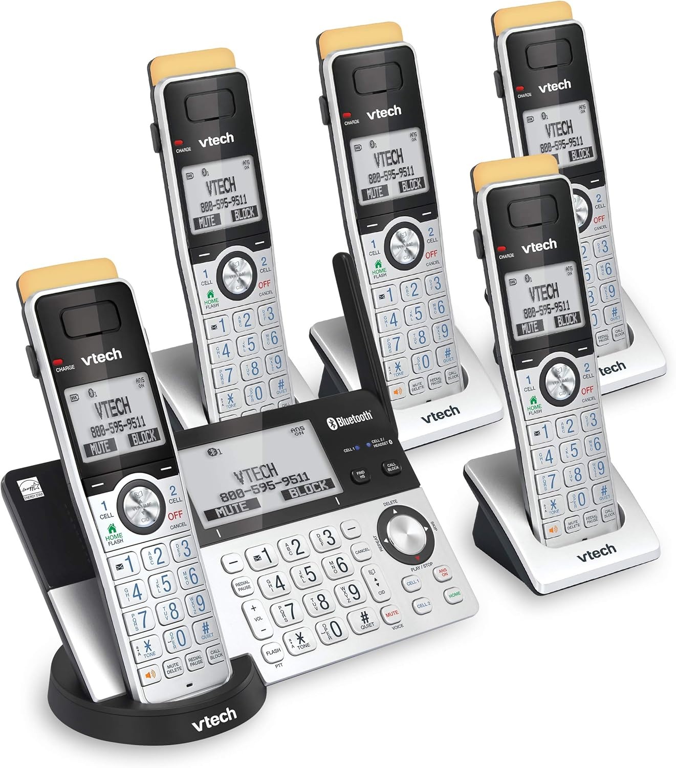 image:imageVTech IS81515 Super Long Range 5 Handset DECT 60 Cordless Phone for Home with Answering Machine 2300 ft Range Call Blocking Bluetooth Headset Jack Power Backup Intercom Expandable to 12 HS5 Handsets