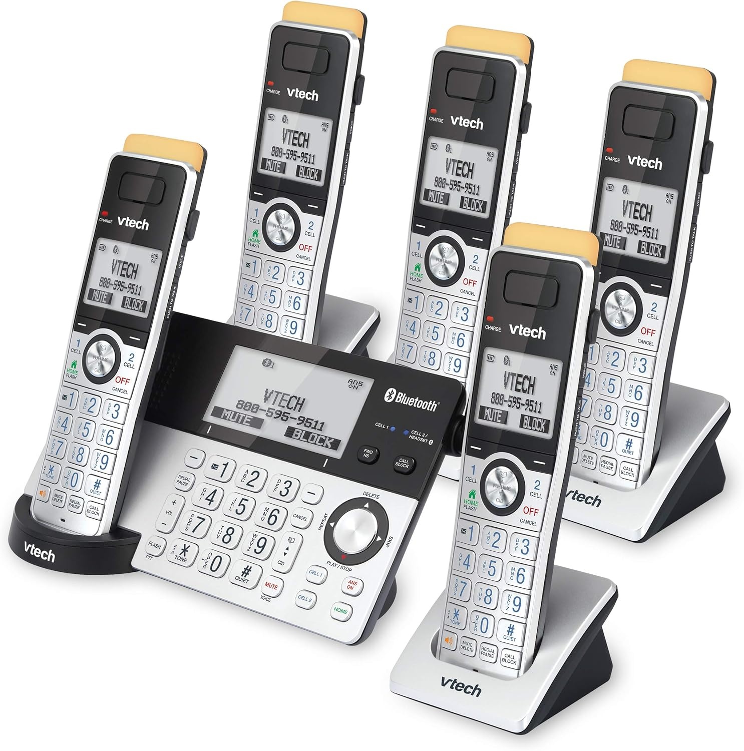 image:imageVTech IS81515 Super Long Range 5 Handset DECT 60 Cordless Phone for Home with Answering Machine 2300 ft Range Call Blocking Bluetooth Headset Jack Power Backup Intercom Expandable to 12 HS5 Handsets
