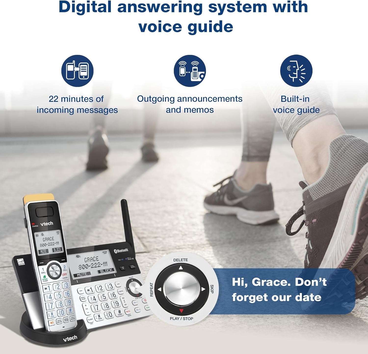 image:imageVTech IS81515 Super Long Range 5 Handset DECT 60 Cordless Phone for Home with Answering Machine 2300 ft Range Call Blocking Bluetooth Headset Jack Power Backup Intercom Expandable to 12 HS1 Handset