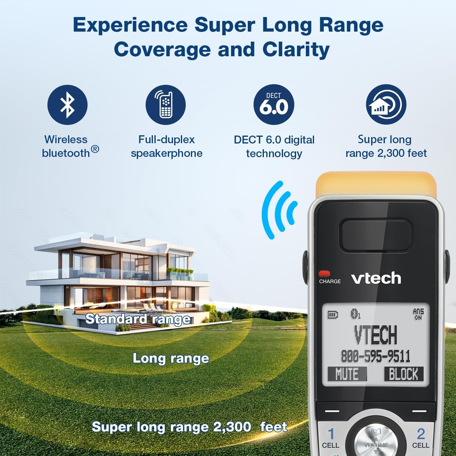 image:imageVTech IS81515 Super Long Range 5 Handset DECT 60 Cordless Phone for Home with Answering Machine 2300 ft Range Call Blocking Bluetooth Headset Jack Power Backup Intercom Expandable to 12 HS5 Handsets