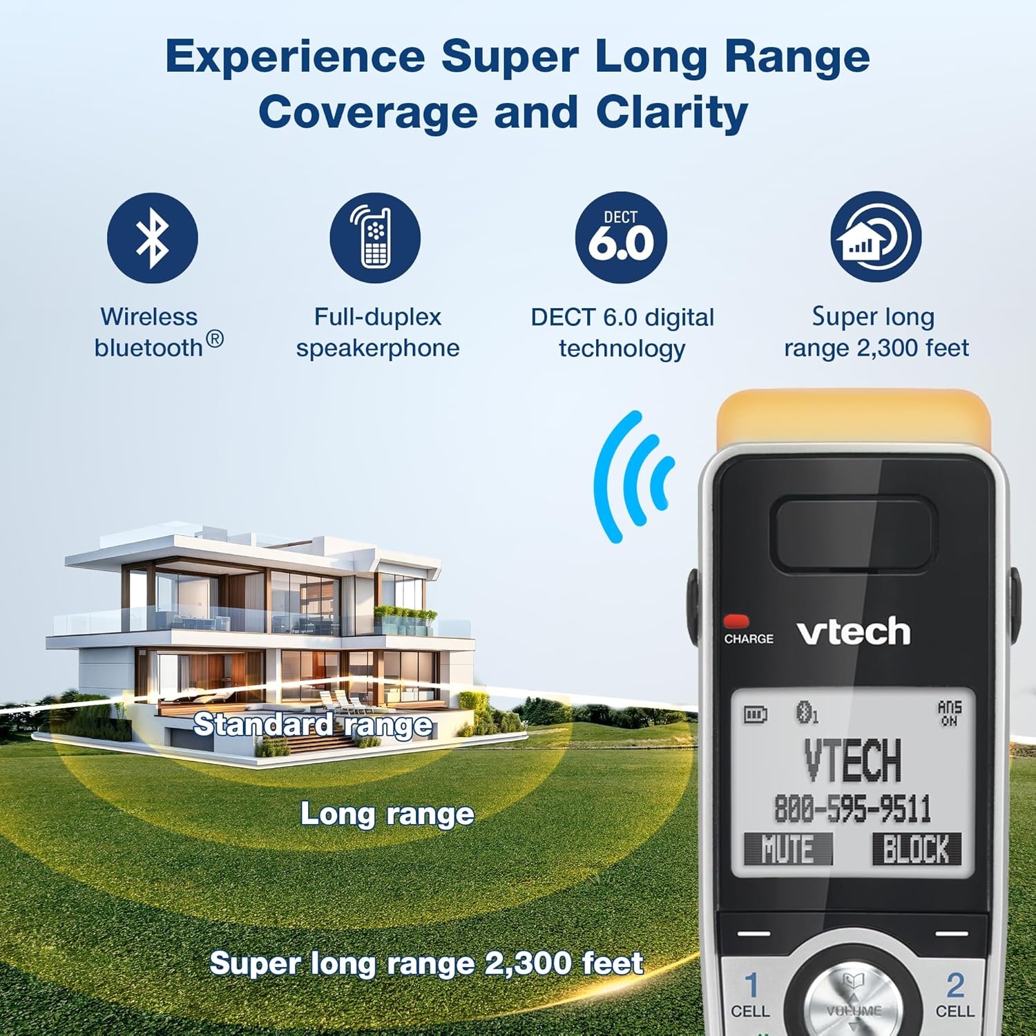 image:imageVTech IS81515 Super Long Range 5 Handset DECT 60 Cordless Phone for Home with Answering Machine 2300 ft Range Call Blocking Bluetooth Headset Jack Power Backup Intercom Expandable to 12 HS2 Handsets