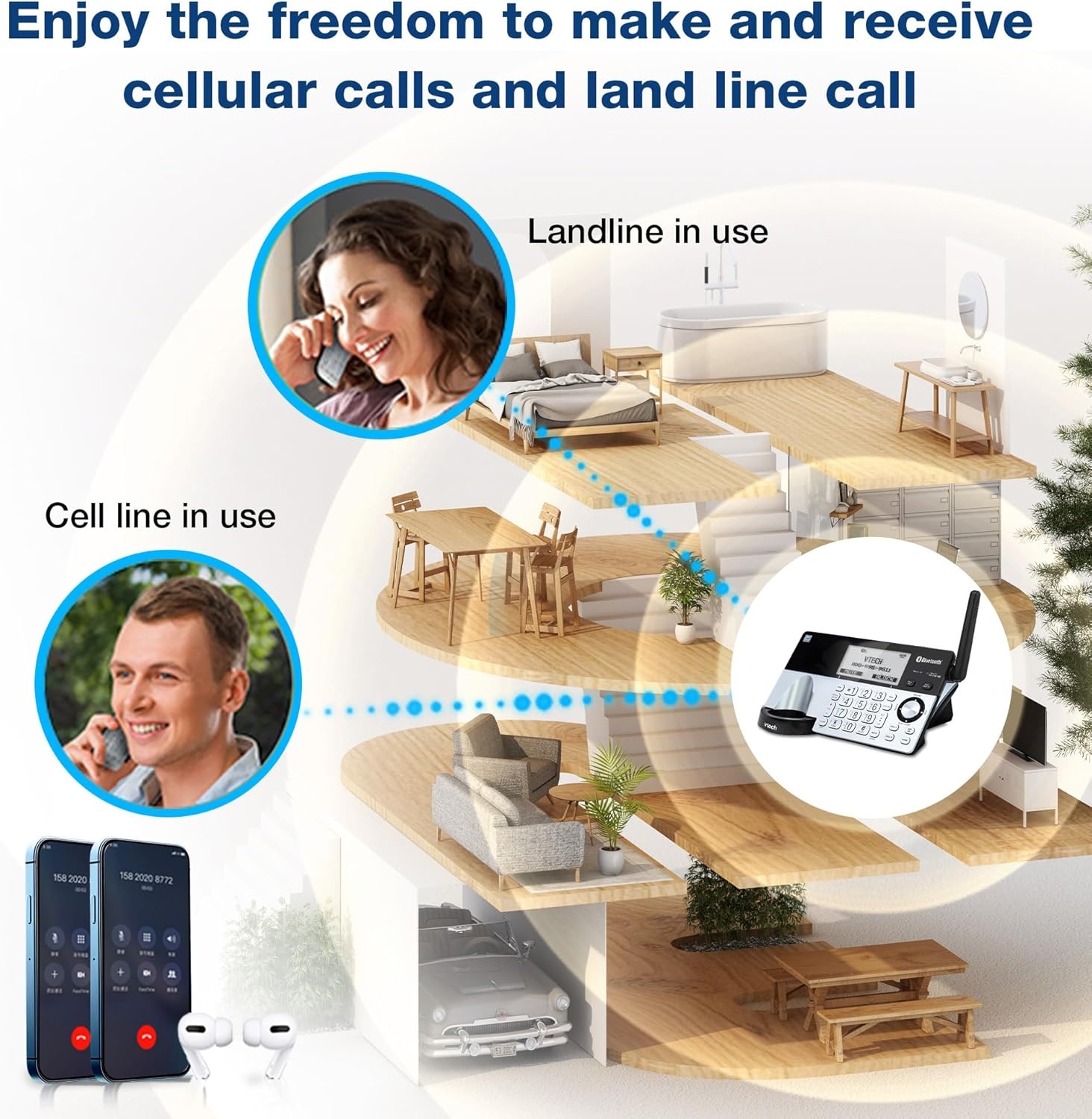 image:imageVTech IS81515 Super Long Range 5 Handset DECT 60 Cordless Phone for Home with Answering Machine 2300 ft Range Call Blocking Bluetooth Headset Jack Power Backup Intercom Expandable to 12 HS2 Handsets