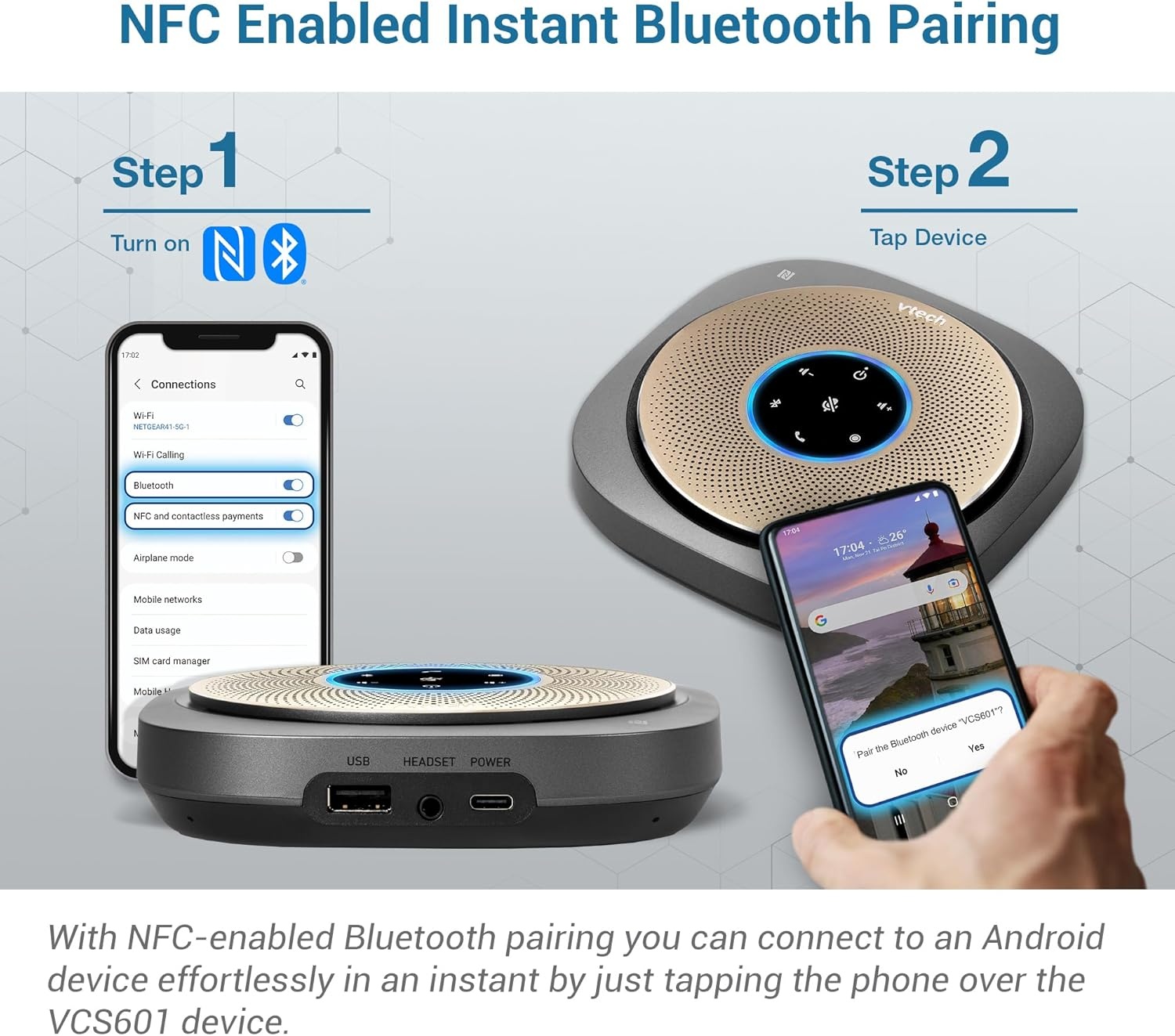 image:imageVTech VCS6012 Bluetooth Conference Speakerphone 360 Premium Voice Pickup with 6 Microphones Smart NFC Connect 24H Call Time with HD Audio Reverse Charging USB C Voice Assistant Home Office