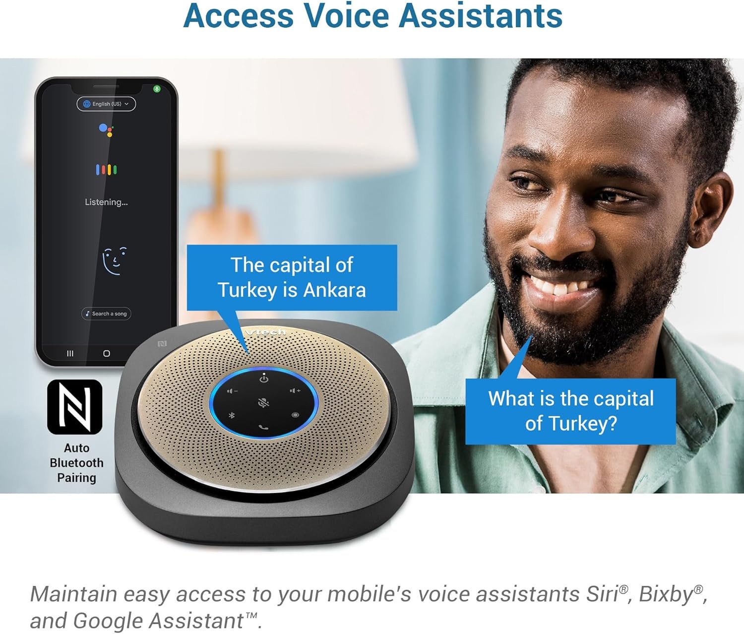 image:imageVTech VCS6012 Bluetooth Conference Speakerphone 360 Premium Voice Pickup with 6 Microphones Smart NFC Connect 24H Call Time with HD Audio Reverse Charging USB C Voice Assistant Home Office