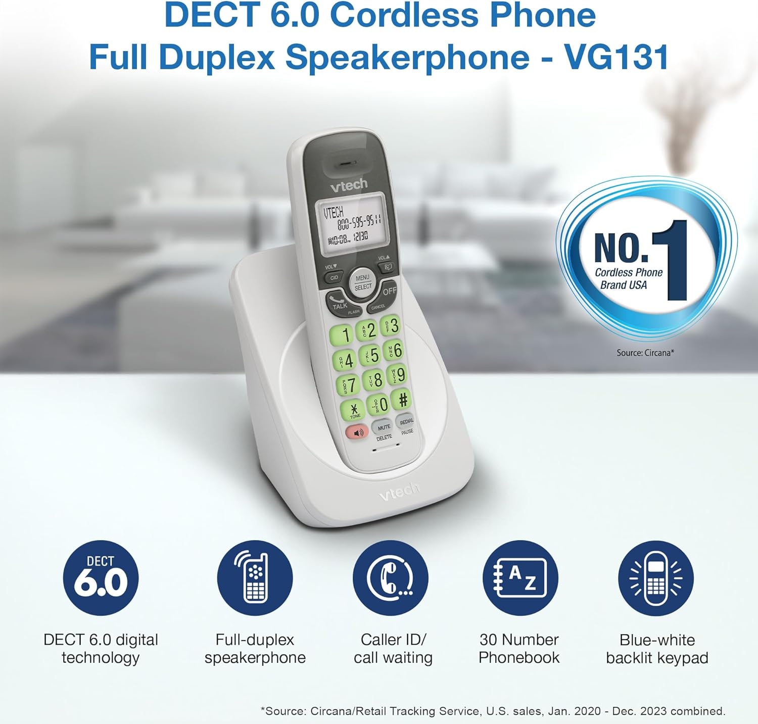 image:imageVTech VG134 DECT 60 Cordless Phone with Digital Answering System FullDuplex Speakerphone Backlit Keypad amp Display Caller IDCall WaitingWhite