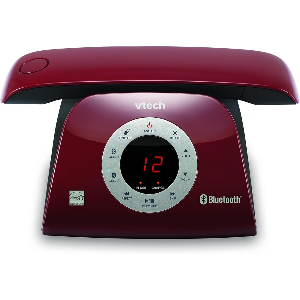 image:imageVTECH VS12216 RetroDesign Cordless Phone Bluetooth Connect to Cell Call Blocker Answering System FullDuplex SpeakerphoneRed