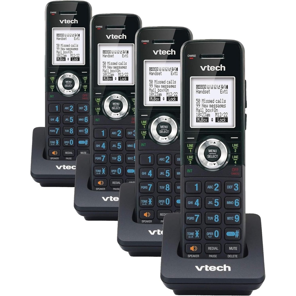 image:imageVTech AM18447 Main Console 4Line Small Business Phone System Expandable to 10 Stations Digital Answering Machine Auto Attendant Intercom amp Custom Music on Hold BlackAccessory Cordless Handset Black Pack of 4