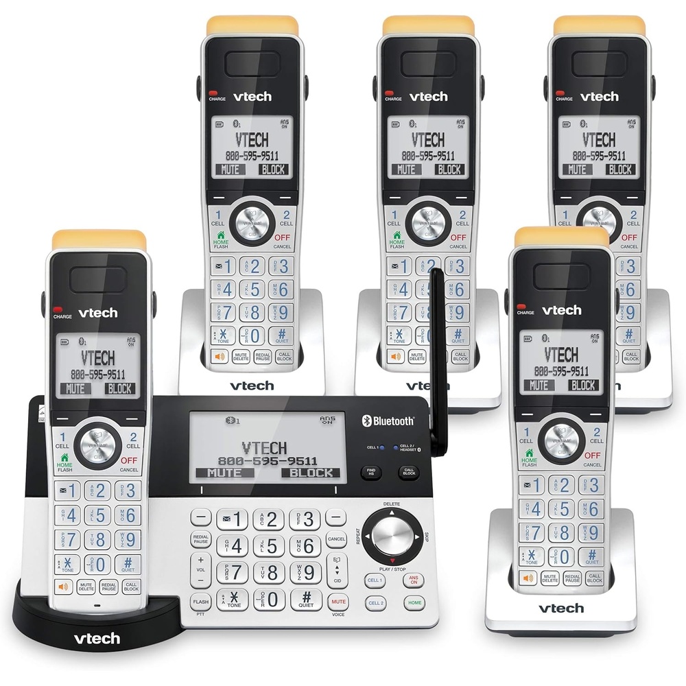 image:imageVTech IS81515 Super Long Range 5 Handset DECT 60 Cordless Phone for Home with Answering Machine 2300 ft Range Call Blocking Bluetooth Headset Jack Power Backup Intercom Expandable to 12 HS5 Handsets